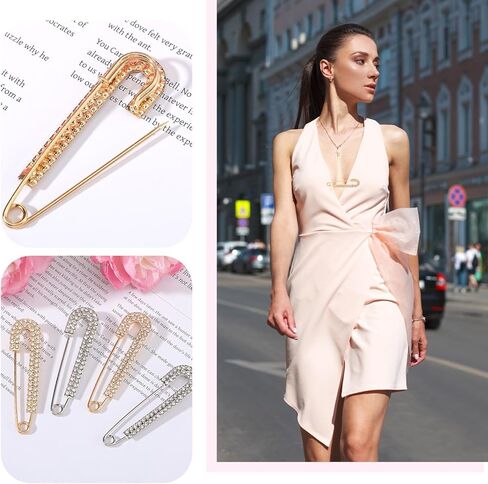 4 PCS Rhinestone Safety Pin Brooch, Metal Elegant Decorative Safety Pins for Clothes, Silver and Gold Crystal Big Safetys Pins Vintage Large Sweater Shawl Clips for Women Skirts Scarf Shirt in Saudi Arabia