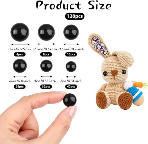 128pcs Crochet Eyes for Animals Sew On Safety Eyes Sewing Crafting Eye Plastic Mushroom Domed Round Buttons Black 8mm to 15mm Flatback Button Beads for DIY Bear Crochet Making Stuffed Animals in Saudi Arabia