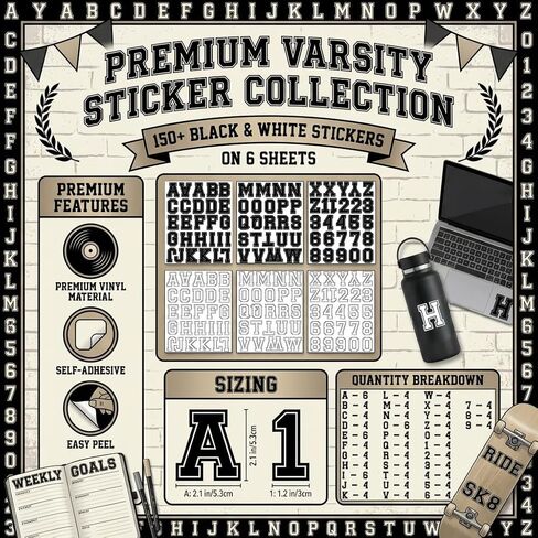 Varsity Letterman Alphabet Stickers – 150+ Black and White Collegiate Vinyl Letter Decals, 2.4 Inch Tall, for Posters, Arts, Crafts, Scrapbooking, and Personalization in Saudi Arabia