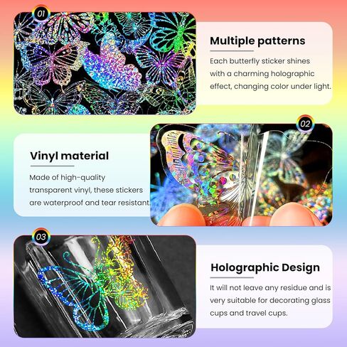 100Pcs Holographic Glitter Butterfly Stickers, Vintage Butterfly Waterproof Transparent Decorative Decals, PET Adhesive Sticker Label for Scrapbooking Journal Daily Planner Water Bottles Laptops in Saudi Arabia