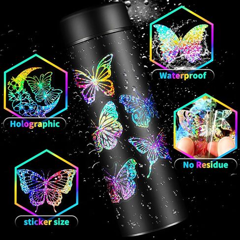 100Pcs Holographic Glitter Butterfly Stickers, Vintage Butterfly Waterproof Transparent Decorative Decals, PET Adhesive Sticker Label for Scrapbooking Journal Daily Planner Water Bottles Laptops in Saudi Arabia