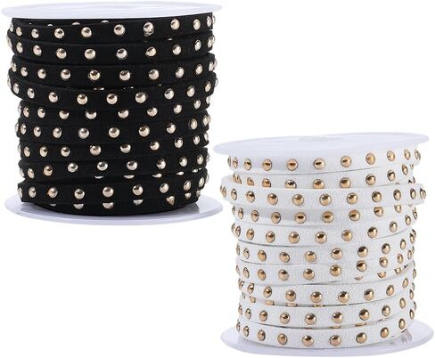 2 Rolls 2 Colors 5MM Black White Studded Faux Suede Cord Rope Leather Trims Studs Flat Vegan Lace Strips Beading String with Silver Rivets for Jewelry Making Crafts Bracelets Decorations DIY in Saudi Arabia