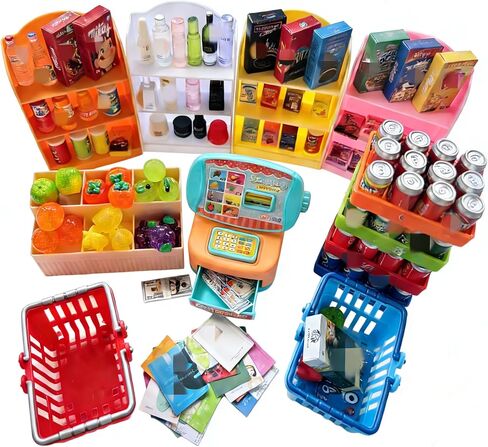 151Pcs Miniature Supermarket Shelves Furniture Model Food Drink Fruit Cosmetics Doll House Store Storage Bookshelf Accessories 3 Layers Shelf Display Rack Mini Locker Cash Register Cosplay Game Party in Saudi Arabia