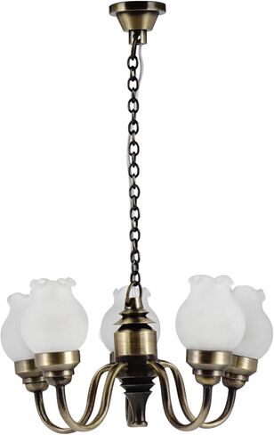 Waldosia 1:12 Scale Miniature LED Chandelier (12V) – 5-Arm Tulip Shade Dollhouse Ceiling Light Fixture (Brass) in Kuwait