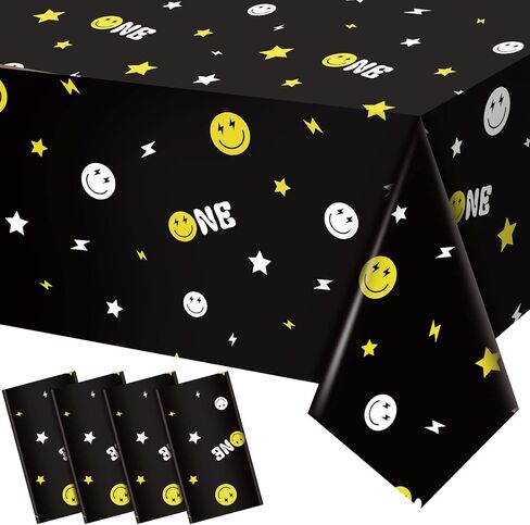 Patelai 4 Pieces One Happy Dude Party Decoration Tablecloths 54 x 108 Inch Black Rectangle Plastic Smile Face Tablecloth One Happy Dude Table Cover Tablecloth for Party Decoration Supplies in Saudi Arabia