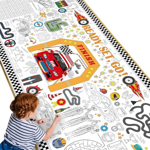 Race Car Giant Coloring Poster Large Racing Theme Drawing Paper Coloring Tablecloth Racing Car Checkered Flag Game Classroom Poster Table Cover Kids Craft Mat Home School kindergarten Party Supplies in Saudi Arabia