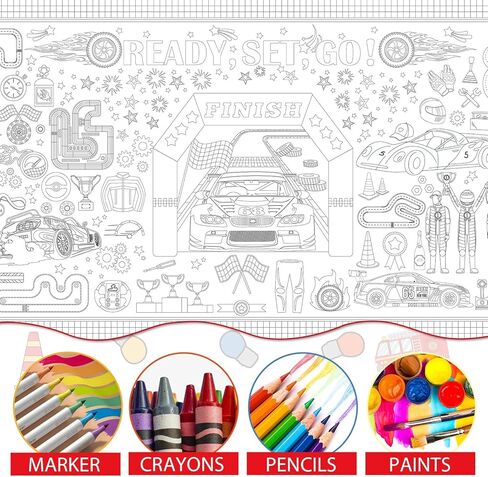 Race Car Giant Coloring Poster Large Racing Theme Drawing Paper Coloring Tablecloth Racing Car Checkered Flag Game Classroom Poster Table Cover Kids Craft Mat Home School kindergarten Party Supplies in Saudi Arabia