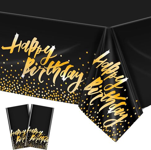 Aneco 2 Pack Happy Birthday Table Cloth Cover Black Gold Party Durable Tablecloth 54 x 108 Inches for Parties Birthdays Weddings in Saudi Arabia
