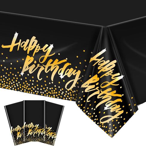 Aneco 2 Pack Happy Birthday Table Cloth Cover Black Gold Party Durable Tablecloth 54 x 108 Inches for Parties Birthdays Weddings in Saudi Arabia
