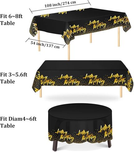 Aneco 2 Pack Happy Birthday Table Cloth Cover Black Gold Party Durable Tablecloth 54 x 108 Inches for Parties Birthdays Weddings in Saudi Arabia