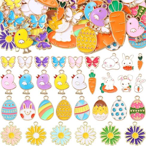 Geosar 100 Pcs Easter Charms Chick Bunny Carrot Egg Pendant Cute Holiday Charms for Jewelry Making Animal Rabbit Butterfly Daisy Pendant for Necklace Bracelet Earrings DIY Crafts Supply in Saudi Arabia