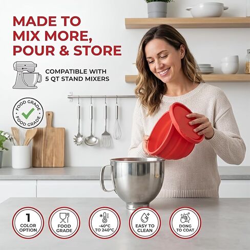 Silicone Liners for Kitchenaid Mixer, Silicone Bowl Insert for Kitchen Aid Stand 5QT, 1PC Red Silicone Liner with Lid - Non-Slip, Dishwasher Safe Replacement Accessories and Attachment in Saudi Arabia