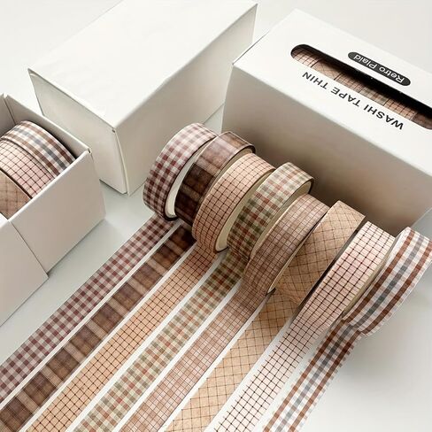 Vintage Style Tape Set (8 Rolls) - Gingham and Plaid Patterns, Journal & Scrapbook Decorative Stickers, DIY Craft Supplies (Brown) in Saudi Arabia