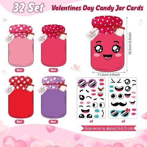 Funrous 32 Set Valentines Day Candy Jar Craft Kit for Kids Funny Happy Valentine's Day Candy Jar Cards Exchange Gifts DIY Craft Supplies for Boys Girls School Classroom Classmates Prize Party Favors in Saudi Arabia