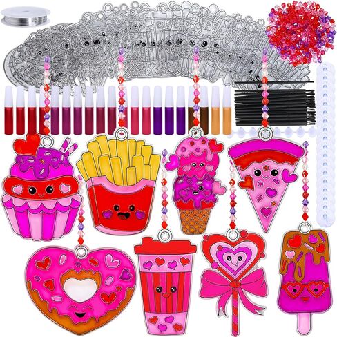 Winlyn 24 Sets Valentine Suncatchers Ornaments Decorations DIY Window Paint Art Stickers Craft Kit Valentine's Day Heart Treats Sun Catchers for Kids Classroom Activities Party Favors Gift Exchange in Saudi Arabia