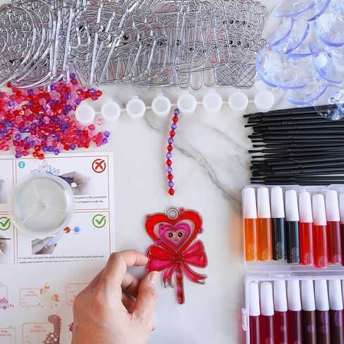 Winlyn 24 Sets Valentine Suncatchers Ornaments Decorations DIY Window Paint Art Stickers Craft Kit Valentine's Day Heart Treats Sun Catchers for Kids Classroom Activities Party Favors Gift Exchange in Saudi Arabia