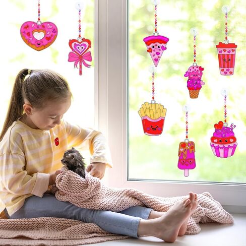 Winlyn 24 Sets Valentine Suncatchers Ornaments Decorations DIY Window Paint Art Stickers Craft Kit Valentine's Day Heart Treats Sun Catchers for Kids Classroom Activities Party Favors Gift Exchange in Saudi Arabia