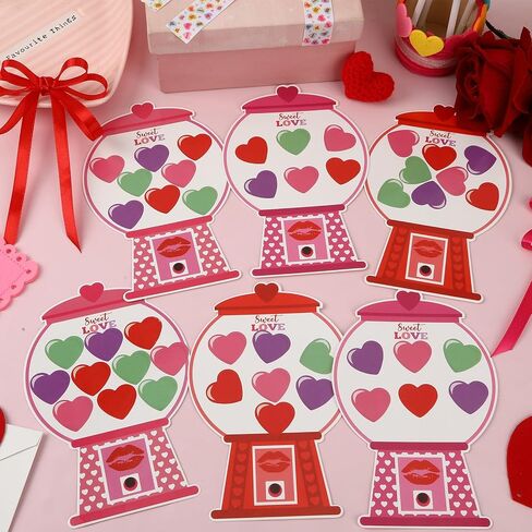 JULBEAR Valentine's Gumball Machine Cards, 30 Sheets Bubble Gum Machine Paper Card, 30pcs Conversation Heart Sticker Make A Bubble Gum Machine Scene Party Favors for Kids School Activities in Saudi Arabia