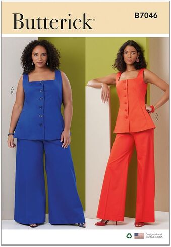 حزمة نمط الخياطة النسائية من Butterick B7046BB بدون أكمام بأزرار وسراويل واسعة الساق، رمز التصميم B7046، مقاسات 20W-28W in Kuwait