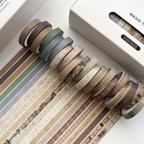 Vintage Washi Tape Set 20 Rolls, Skinny Retro Decorative Masking Tapes for Journals, Scrapbooks, DIY Crafts, Wrapping, Vintage in Saudi Arabia