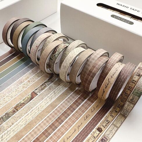 Vintage Washi Tape Set 20 Rolls, Skinny Retro Decorative Masking Tapes for Journals, Scrapbooks, DIY Crafts, Wrapping, Vintage in Saudi Arabia