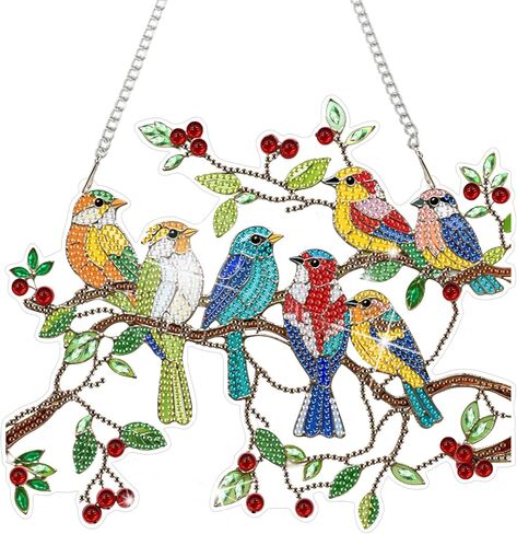 CEOVR Spring Birds شنقا الفن الماسي للبالغين، الطيور على فرع الماس اللوحة قلادة DIY جوهرة الفن الجدار شنقا زخرفة، الاكريليك ديكور حديقة المنزل مع سلسلة، مجموعة مربع 9.63 * 8.17 بوصة in Saudi Arabia
