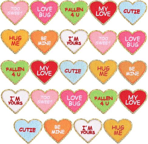 Juexica 24 Pcs Heart Shaped Iron on Patches Glitter Chenille Love Applique Embroidered Appliques Valentine's Day Transfers Sew on Fabric Patch for Clothes Jackets Backpack Hat Decoration(Classic) in Saudi Arabia