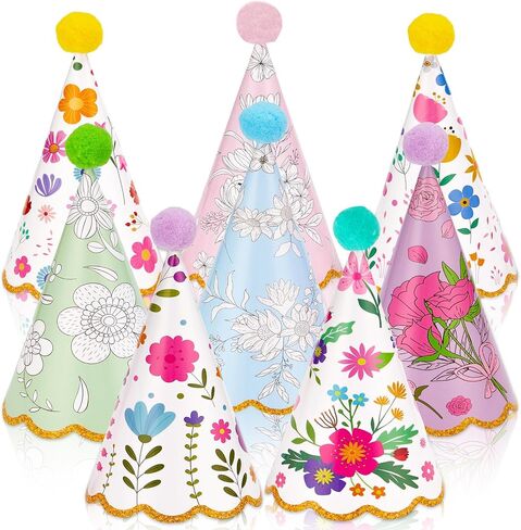 16 PCS Garden Party Hats Bulk with Pompoms Colorful Floral Theme Paper Cone Hats for Kids Happy Birthday Party Headwear Supplies Baby Shower Stuffed Animals Pets Parties Decorations Supplies in Saudi Arabia