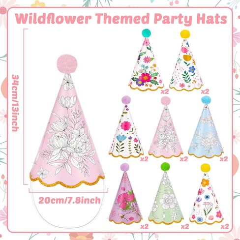 16 PCS Garden Party Hats Bulk with Pompoms Colorful Floral Theme Paper Cone Hats for Kids Happy Birthday Party Headwear Supplies Baby Shower Stuffed Animals Pets Parties Decorations Supplies in Saudi Arabia
