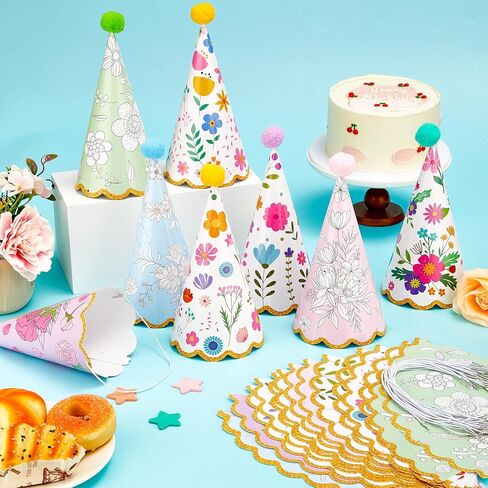 16 PCS Garden Party Hats Bulk with Pompoms Colorful Floral Theme Paper Cone Hats for Kids Happy Birthday Party Headwear Supplies Baby Shower Stuffed Animals Pets Parties Decorations Supplies in Saudi Arabia