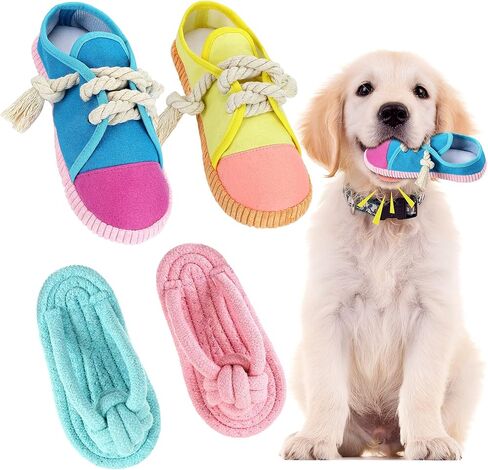 Zhanmai 4 Pieces Dog Shoe Chew Toys Puppy Chew Shoe Dog Sandal Durable Puppy Squeaky Mini Sneakers Decoy Sandal Squeaky Plush Toys(Yellow, Blue, Pink, Light Green) in Saudi Arabia
