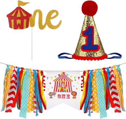 Amosfun Circus Carnival 1st Birthday Party Decorations Party Supplies Highchair Banner Reusable Satin Garland Cone Paper Hat and Photo Booth Props in Saudi Arabia