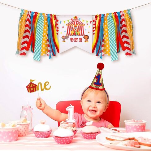 Amosfun Circus Carnival 1st Birthday Party Decorations Party Supplies Highchair Banner Reusable Satin Garland Cone Paper Hat and Photo Booth Props in Saudi Arabia
