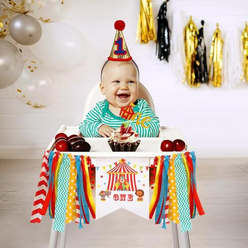 Amosfun Circus Carnival 1st Birthday Party Decorations Party Supplies Highchair Banner Reusable Satin Garland Cone Paper Hat and Photo Booth Props in Saudi Arabia