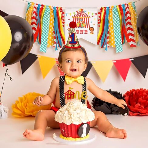Amosfun Circus Carnival 1st Birthday Party Decorations Party Supplies Highchair Banner Reusable Satin Garland Cone Paper Hat and Photo Booth Props in Saudi Arabia