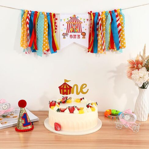 Amosfun Circus Carnival 1st Birthday Party Decorations Party Supplies Highchair Banner Reusable Satin Garland Cone Paper Hat and Photo Booth Props in Saudi Arabia