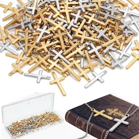 200 Pcs 13x27mm Gold Silver Small Cross Charms Bulk Small Cross Hanging Pendant Metal Christian Pendant Bead with Storage Box for Jewelry Making DIY Necklace Bracelet Keychain Christian Gift in Saudi Arabia