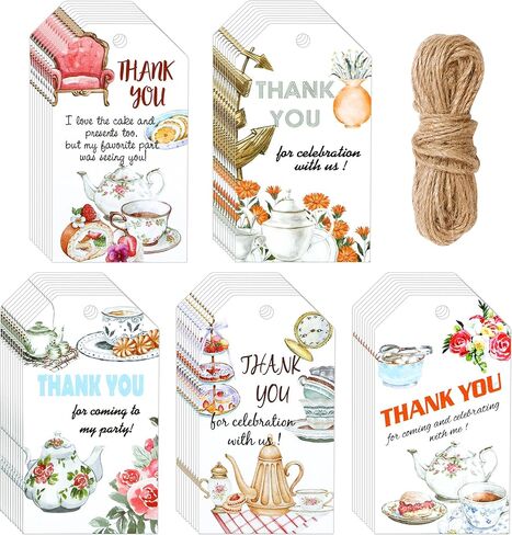 Tea Party Thank You Tags 50PCS Tea Party Gift Tags with Hemp Rope Floral Teapot Paper Hanging Labels for Birthday Wedding Bridal Baby Shower Spring Garden Afternoon Tea Themed Decorations in Kuwait