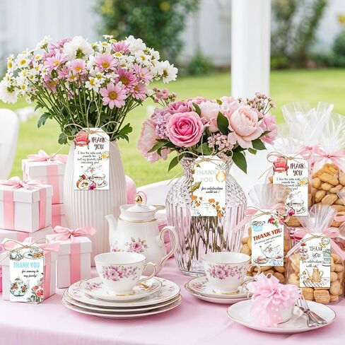 Tea Party Thank You Tags 50PCS Tea Party Gift Tags with Hemp Rope Floral Teapot Paper Hanging Labels for Birthday Wedding Bridal Baby Shower Spring Garden Afternoon Tea Themed Decorations in Kuwait