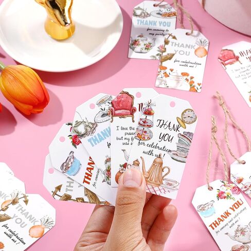 Tea Party Thank You Tags 50PCS Tea Party Gift Tags with Hemp Rope Floral Teapot Paper Hanging Labels for Birthday Wedding Bridal Baby Shower Spring Garden Afternoon Tea Themed Decorations in Kuwait