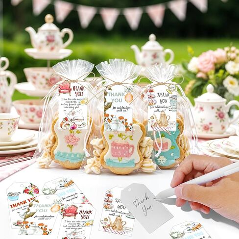 Tea Party Thank You Tags 50PCS Tea Party Gift Tags with Hemp Rope Floral Teapot Paper Hanging Labels for Birthday Wedding Bridal Baby Shower Spring Garden Afternoon Tea Themed Decorations in Kuwait