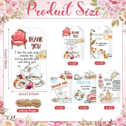 Tea Party Thank You Tags 50PCS Tea Party Gift Tags with Hemp Rope Floral Teapot Paper Hanging Labels for Birthday Wedding Bridal Baby Shower Spring Garden Afternoon Tea Themed Decorations in Kuwait