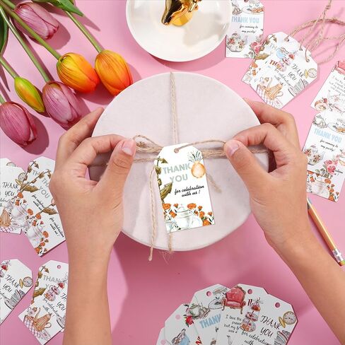 Tea Party Thank You Tags 50PCS Tea Party Gift Tags with Hemp Rope Floral Teapot Paper Hanging Labels for Birthday Wedding Bridal Baby Shower Spring Garden Afternoon Tea Themed Decorations in Kuwait