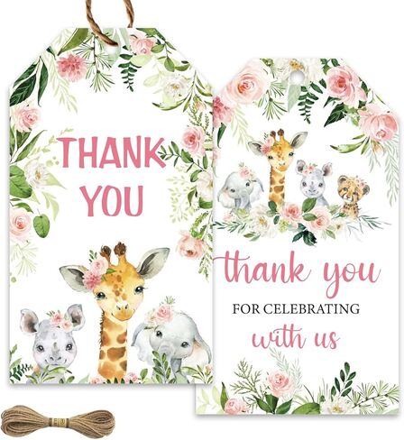 100Pcs Thank You Favor Tags, Jungle Safari Baby Shower Thank You Tags Jungle Animals Safari Baby Girl Shower Decorations Birthday Party Supplies in Saudi Arabia