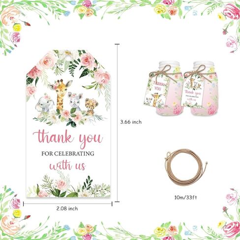 100Pcs Thank You Favor Tags, Jungle Safari Baby Shower Thank You Tags Jungle Animals Safari Baby Girl Shower Decorations Birthday Party Supplies in Saudi Arabia