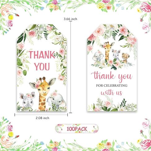 100Pcs Thank You Favor Tags, Jungle Safari Baby Shower Thank You Tags Jungle Animals Safari Baby Girl Shower Decorations Birthday Party Supplies in Saudi Arabia