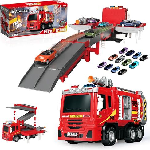 3in1 Fire Truck Toy with Foldable Race Track & 12 Diecast Race Cars Toys, Fire Trucks for Toddlers 3-5 with Lights & Sounds, Carrier Truck Car Kids Toy Gift for Age 3 4 5 6+ Year Old Boys Girls in Kuwait