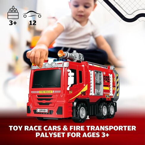 3in1 Fire Truck Toy with Foldable Race Track & 12 Diecast Race Cars Toys, Fire Trucks for Toddlers 3-5 with Lights & Sounds, Carrier Truck Car Kids Toy Gift for Age 3 4 5 6+ Year Old Boys Girls in Kuwait