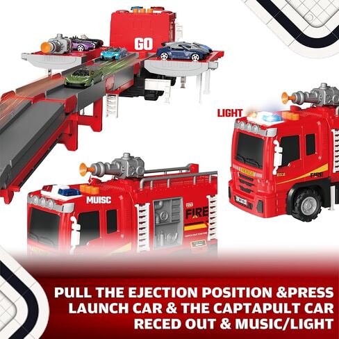 3in1 Fire Truck Toy with Foldable Race Track & 12 Diecast Race Cars Toys, Fire Trucks for Toddlers 3-5 with Lights & Sounds, Carrier Truck Car Kids Toy Gift for Age 3 4 5 6+ Year Old Boys Girls in Kuwait