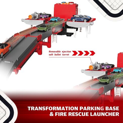 3in1 Fire Truck Toy with Foldable Race Track & 12 Diecast Race Cars Toys, Fire Trucks for Toddlers 3-5 with Lights & Sounds, Carrier Truck Car Kids Toy Gift for Age 3 4 5 6+ Year Old Boys Girls in Kuwait